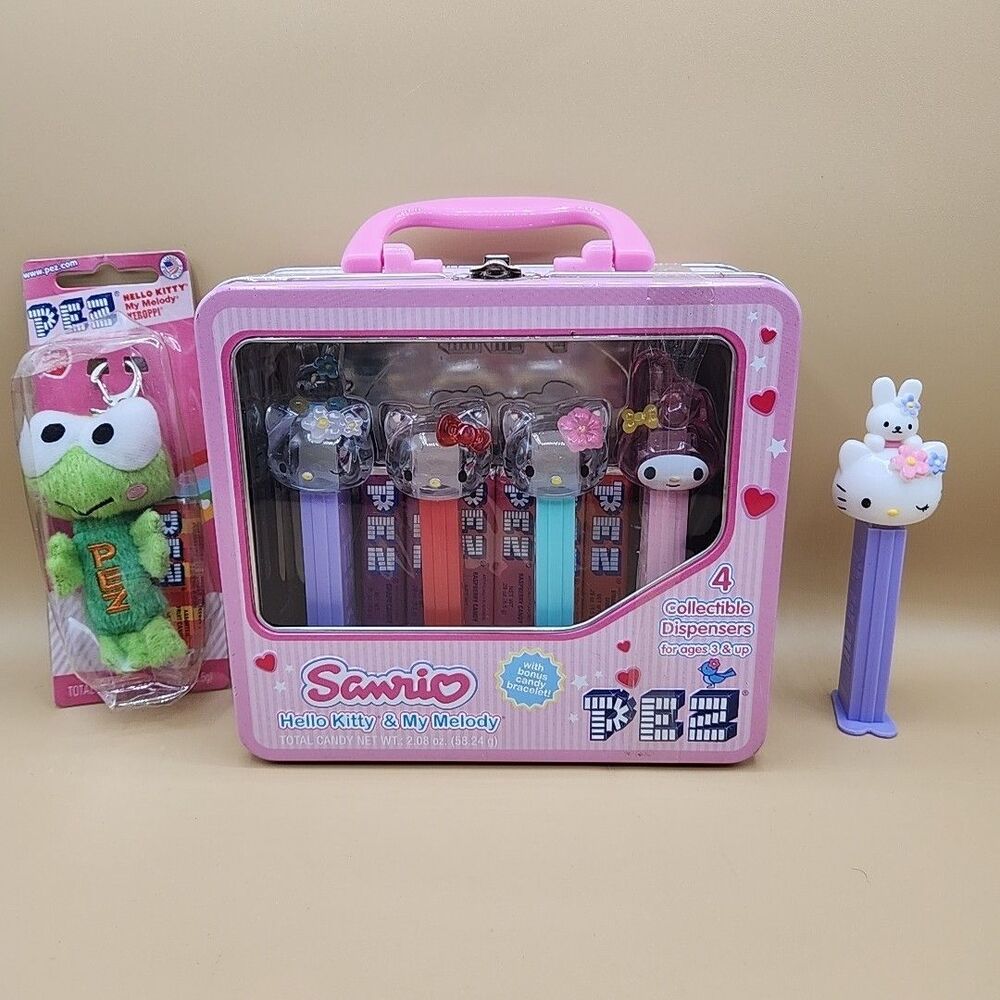 Hello Kitty & My Melody Pez Dispenser Tin Lot Sanrio Crystal + Keroppi & Rabbitt